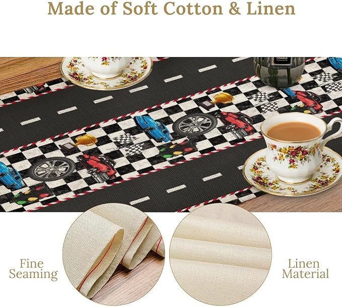 Race Car Table Runner,Checkered Flag Black and White Race Cars Pattern Print Tablecloth Burlap for Hotel Indoors Outdoor Dining Room Kitchen Home Decor,W13X L108 in