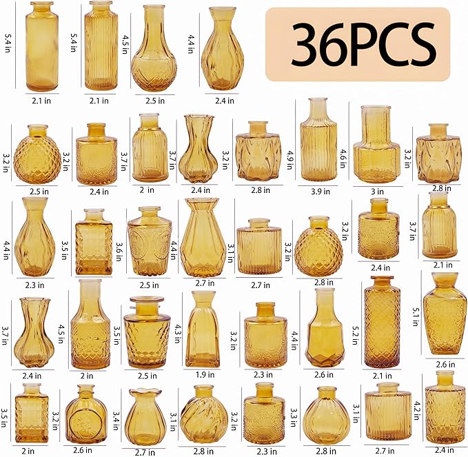 36Pcs Glass Bud Vases Set, Small Flower Vintage Vases for Centerpieces, Mini Vase in Bulk for Rustic Wedding, Party, Birthday Party, Festival Table Decorations and Home Decor, Amber