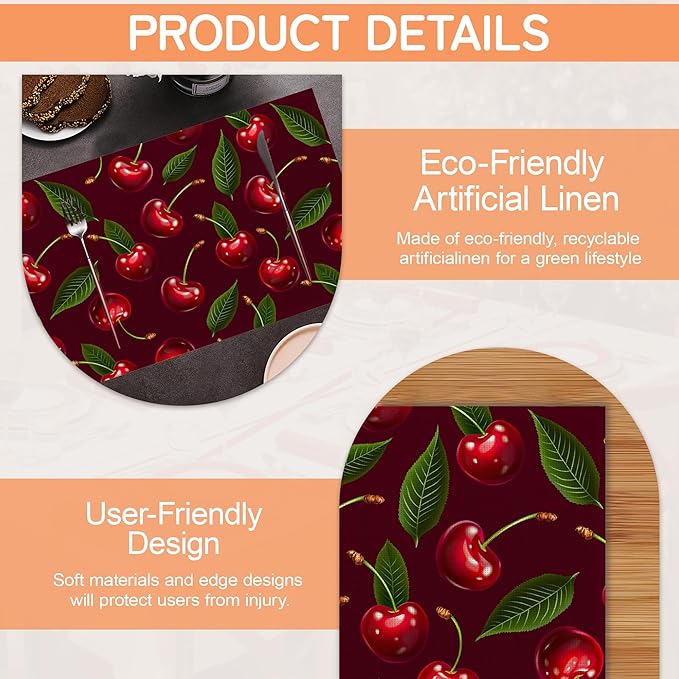 Cherry Table Mats Set of 6,Red Non-Slip Washable Placemats for Restaurant Home Kitchen Dinner Table 12x18Inch