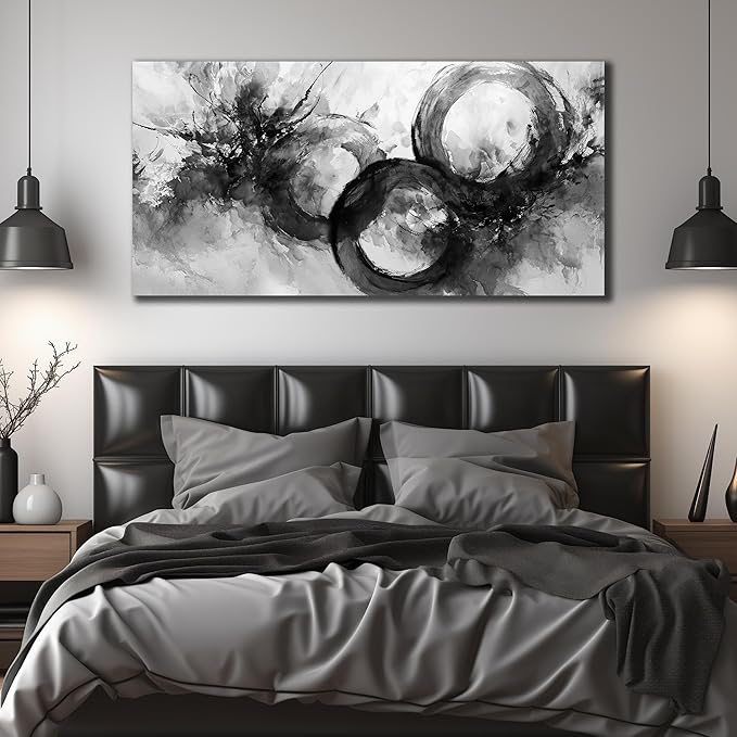 JuhaiArt White Wall Decor Art for Living Room Office Abstract Canvas Wall Art Black Circle Picture Art 29" x 59" Large Modern Poster Artwork