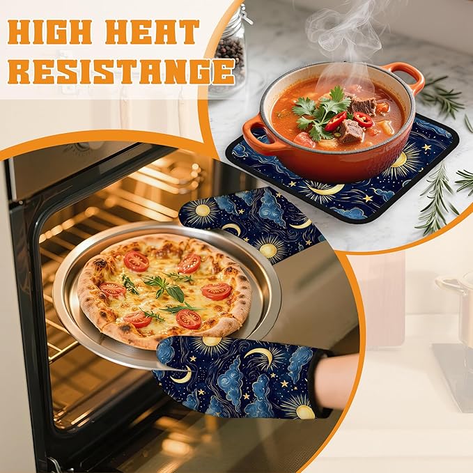Starry Night Oven Mitts and Pot Holders Set,Sun Moon Kitchen Oven Gloves and Pot Holder with Heat Resistant Non Slip for Cooking Baking Grilling(4 Piece Set)