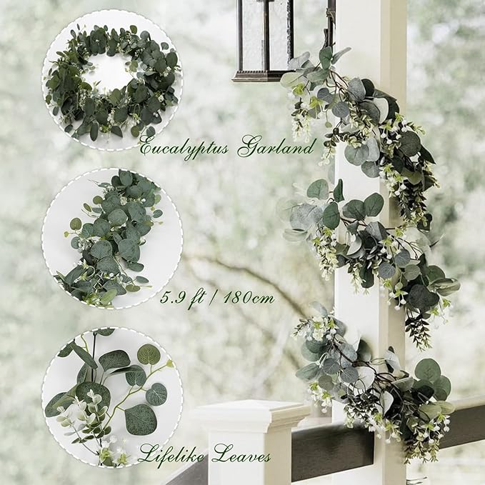 SOMYTING Artificial Eucalyptus Garland with White Flowers 4 Packs 5.9Ft Silver Dollar Eucalyptus Vine Faux Leaves Vine Greenery Garland for Table Wedding Arch Mantle Room Decor (4PCS)