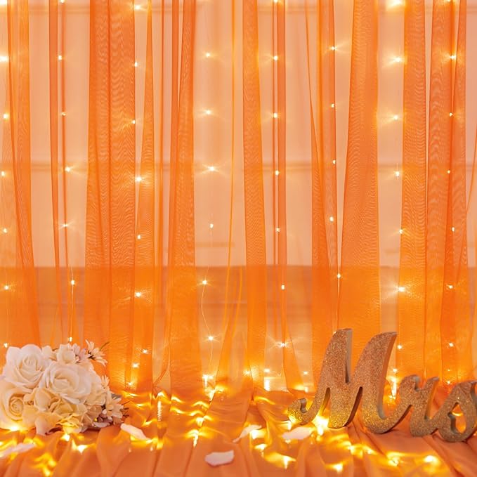 10ft x 10ft Orange Tulle Photo Backdrop Curtain with Lights String for Halloween Party Orange Sheer Curtain Backdrop Drapes for Birthday Party Wedding Photo Booth Background Home Room Decorations