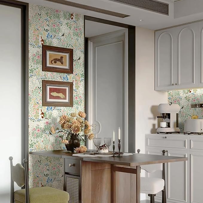 Heroad Floral Peel and Stick Wallpaper Light Green Wallpaper Boho French Country Contact Paper Cat Birds Removable Self-Adhesive Wall Paper for Bedroom Kitchen Cabinets Decoration Vinyl 17.3”x393”