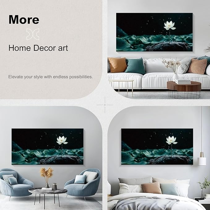 Iallbin Buddha Wall Art & Zen Wall Decor, White Lotus on Water Canvas Painting - for Yoga Meditation Room, Spa & Bathroom, Blue Art Deco Style, 48x24 Inches