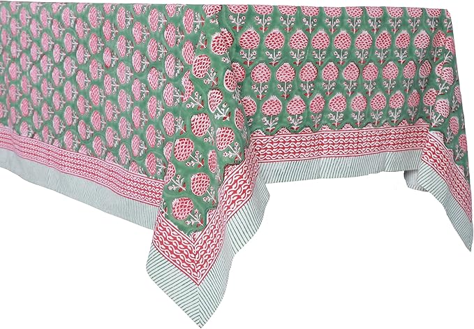 ATOSII Roma Green 100% Cotton Fall Autumn Rectangle Tablecloth, Hand Block Print Washable Table Cover, Christmas Parties Buffet Dining, Weddings, Thanksgiving, Preppy Decor 60 X 108 Inches 8 Seater