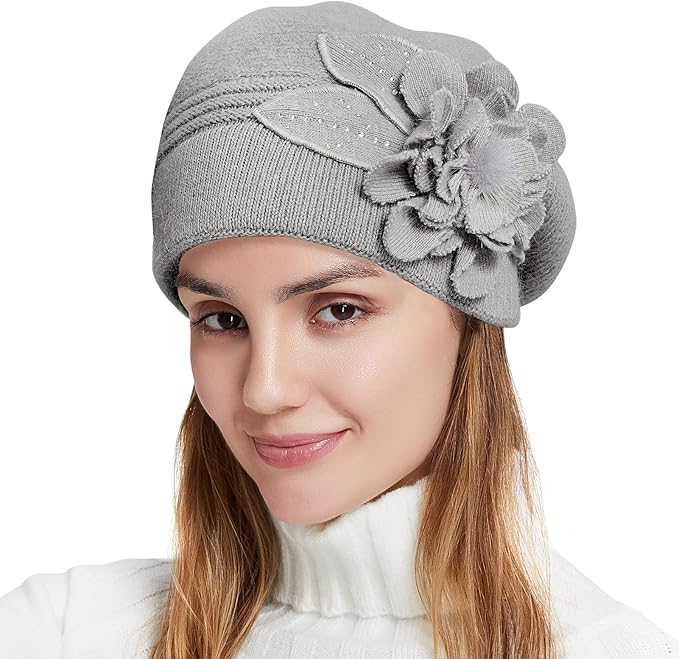 Flower Women Beret, Double Layer Thickened Winter Knitted Beanie Beret Hat, Stylish French Dress Beret Hats for Women