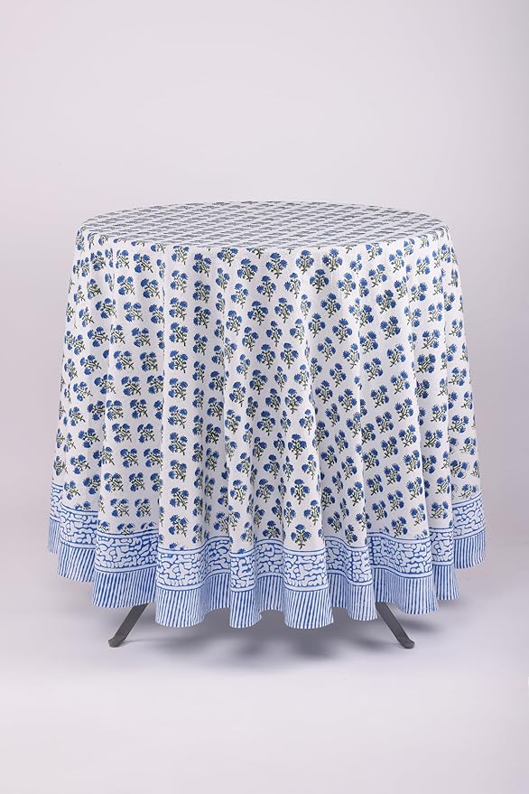 ATOSII Gulbahar Blue 100% Cotton Fall Round Tablecloth, Handblock Print Floral Table Cloth for Kitchen Dining Linen I Thanksgiving, Christmas, Weddings, Outdoors, Parties I 72" Inches Diameter