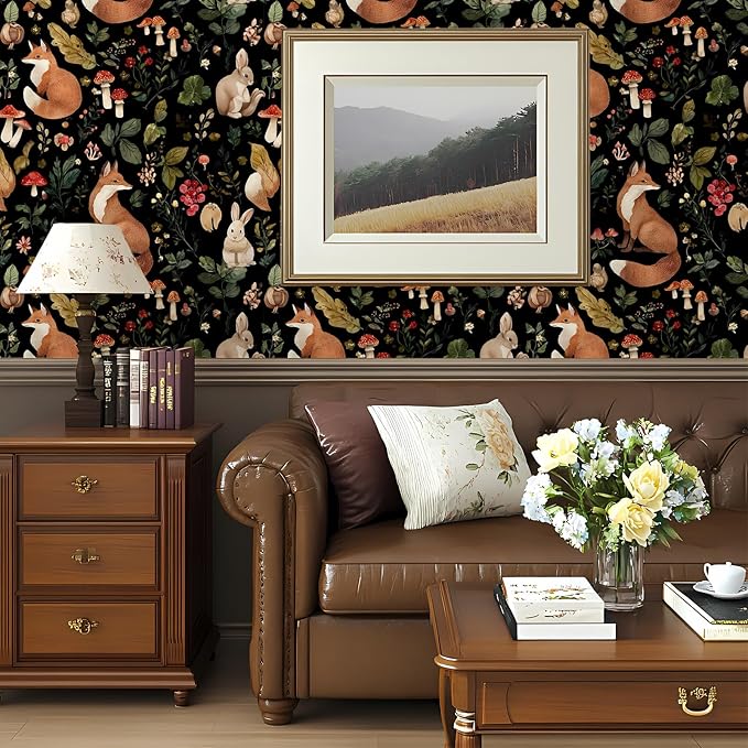 Vintage Fox Rabbit Mushroom Peel and Stick Wallpaper Removable Whimsical Botanical Leaf 17.7" x 118.11" Wall Paper Watercolor Self Adhesive Contact Paper for Classroom Bedroom laundry room bathroom