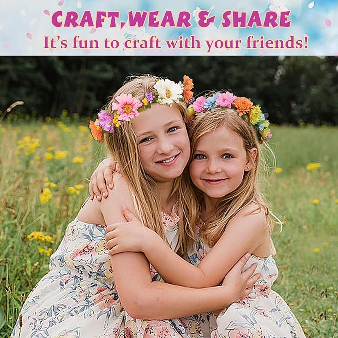 WUBOMJIO Make Your Own Flower Crown Crafting Kit(Daisy Theme)| 120+Piece Set for Endless Creativity | Craft for Creative Girls Age 6-10+