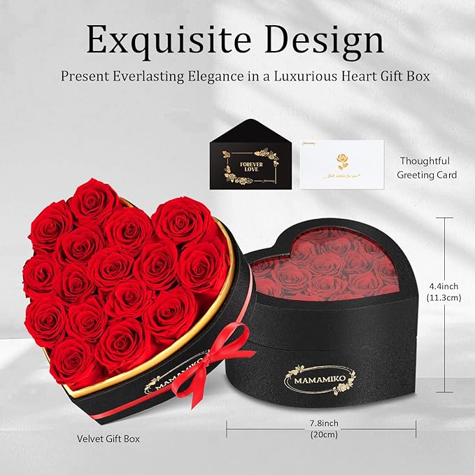 16 Preserved Roses in Heart Shape Gift Box for Her - Forever Flowers for Delivery, Eternal Rose Mothers Gifts for Mom, Wife Anniversary Birthday Gifts for Women, Red