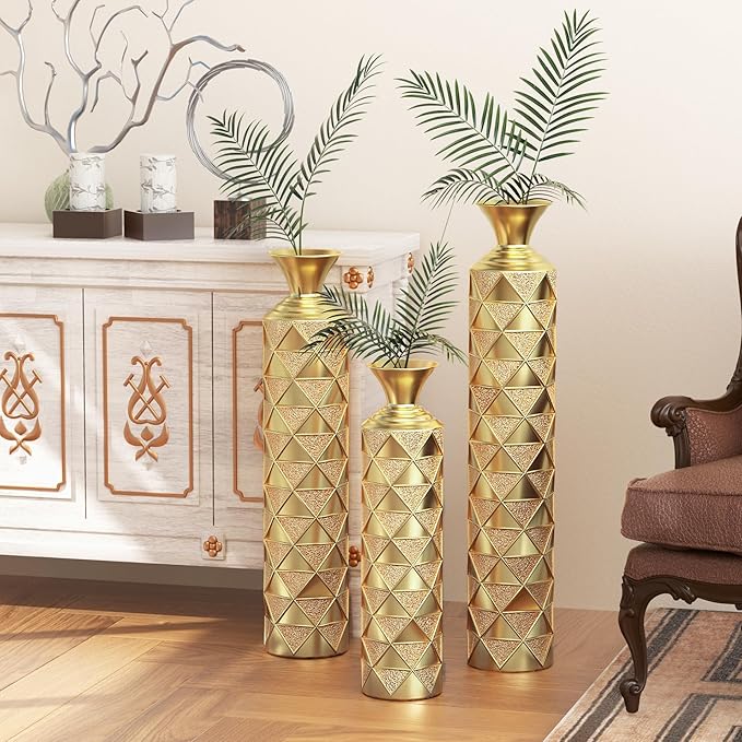Floor Oversized Gold Metal Decorative Vase with 3D Triangle Pattern Set of 3 Large Vases for Home Living Room 33.5 ", 29.5 ", 25.2" High (Antique Gold)
