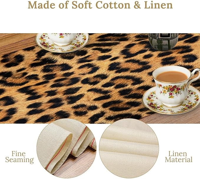 Leopard Skin Print Table Runner, Vintage Cottage Country Farmhouse Wildlife Brown Safari Animal Skin Dinner Runner for Home Kitchen Dining Table Party Holiday Decor 13x60in