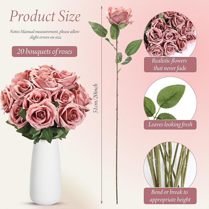 Hotop 20 Pcs Artificial Rose Flowers with Long Stem,Real Touch Silk Realistic Plastic Bouquet Roses Bulk for Home Decor Bridal Wedding Party Table Centerpieces Decorations(Dusty)