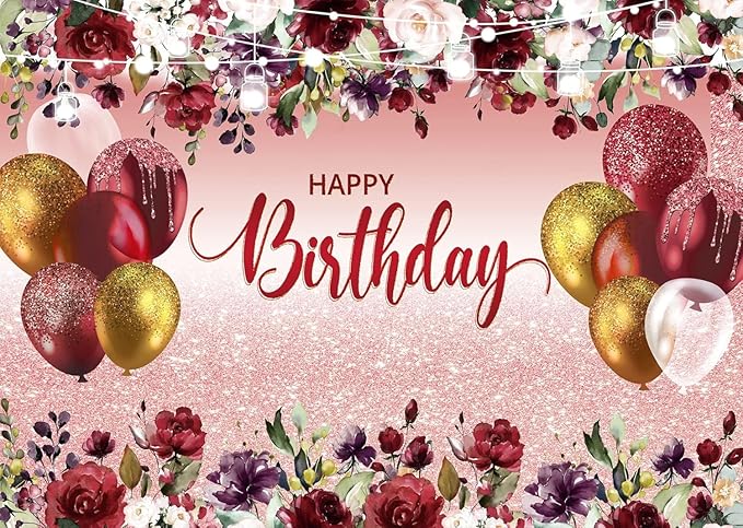 LTLYH Birthday Party Backdrop, 8x6ft, Red Flowers with Golden Glitter, Polyester, Decoration Banner, Photography Background, Birthday Party Supplies