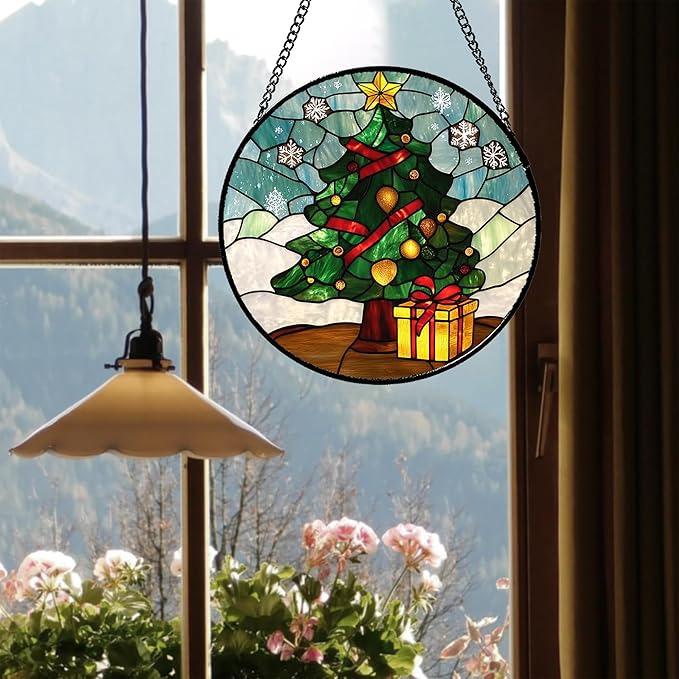 Stained Glass Window Hanging Green Christmas Tree Snowflake Large 11.8" - Suncatcher Door Garden Sun Catcher Xmas Holiday Decor Birthday for Mom Men Woman Friend Nana