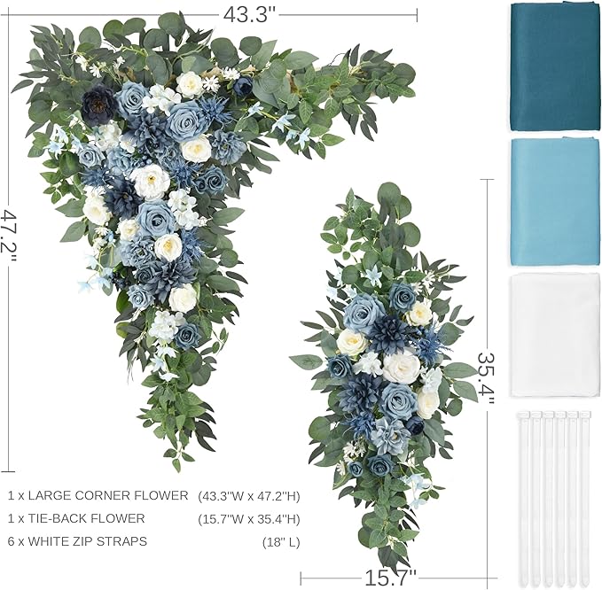 Wedding Arch Flowers Pack of 5,2pcs Large Artificial Floral Swag Arrangement and 3pcs Fabric Drap for Wedding Ceremony Arbor Reception and Backdrop Outdoor Decoration (Blue and White)