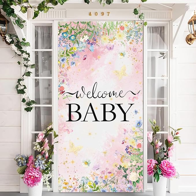 Wildflower Baby Shower Decorations Banner - Floral Welcome Baby Door Banner Party Supplies, Flower Theme Photo Background for Birthday Baby Shower Gender Reveal (72.8 x 35.4 inch)