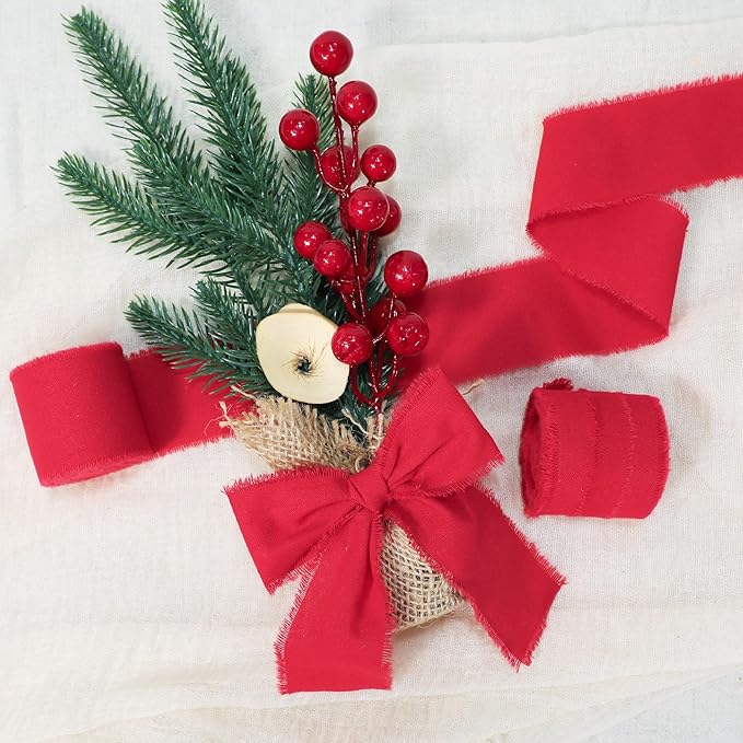 Red Christmas Ribbon 1-1/2 x 15 Yards Handmade Cotton Frayed Fringe Fabric Ribbons for Crafts Flower Bouquets Wedding Baby Shower Home DIY Decor