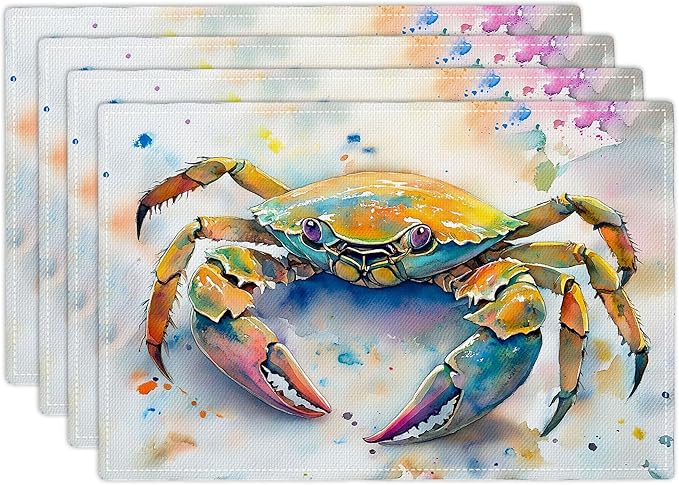 Sea Beach Theme PlaceMats Set of 4 Ocean Crab Pictures Print Washable Placemats Marine Life Animal Table Mats Teal Blue Scratch Proof Table Mats for Kitchen Decor Dinner 4 PCS