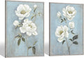 Flower Canvas White Wall Art: Living Room 2 Pieces Floral Prints Abstract Artwork Vintage Peony Bouquet Botanical Painting Picture for Bedroom Bathroom Home Office