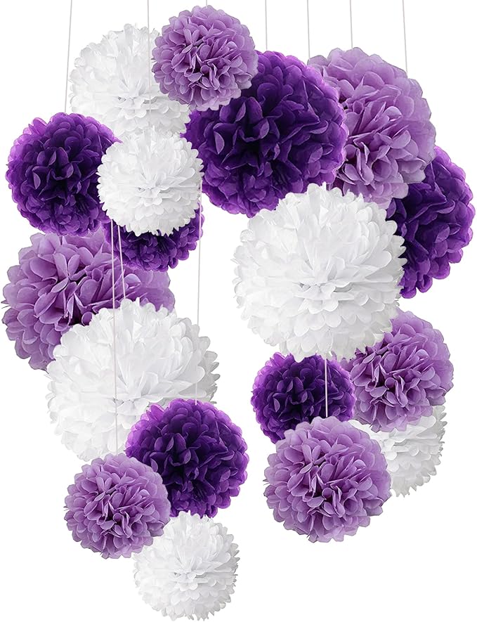 Tissue Paper Pom Poms, Recosis Paper Flower Ball for Birthday Party Wedding Baby Shower Bridal Shower Festival Decorations, 18 Pcs - Purple, Lavender and White