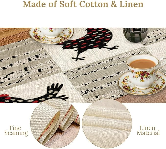 Farmhouse Rooster Table Runner, Rustic Farm Animals Funny Chicken Dinner Runner for Country Farmhouse Home Kitchen Dinner Table Party Decoration 13x120in