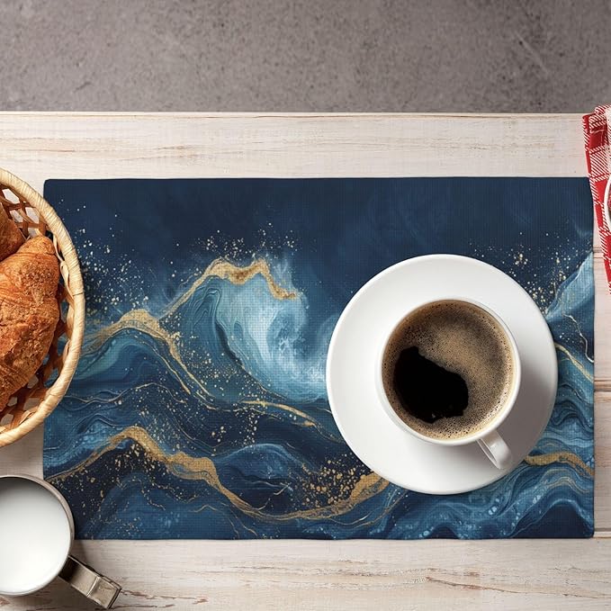 Abstract Blue Wave Placemats Set of 6, Sea Navy Double-Sided Table Mats for Kitchen Home Party Indoor Decor 6 PCS 12x18 Inch