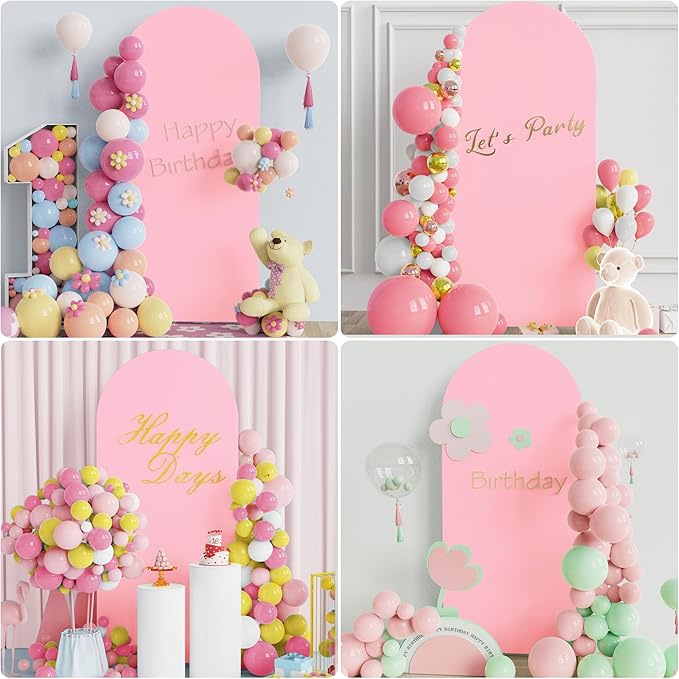 Putros 6ft Metal Arch Stand with Cover Pink Spandex Fitted Wedding Arch Cover and Round Top Chiara Backdrop Stand Set for Birthday Party Baby Shower Decoration