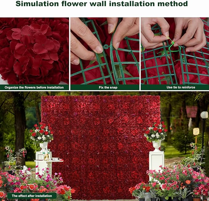 Flower Wall Panel 12 pcs 16.5x16.5 Inch Floral Wall Backdrop Artificial Silk Rose Wall Decor Ideal for Wedding Celebrations, Festive Party Backdrops, and Home Decor-Maroon