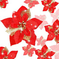 WILLBOND 36 Pieces Christmas Poinsettia Glitter Faux Flowers Christmas Artificial Flowers Tree Ornaments Topper Xmas Decorations(Red)