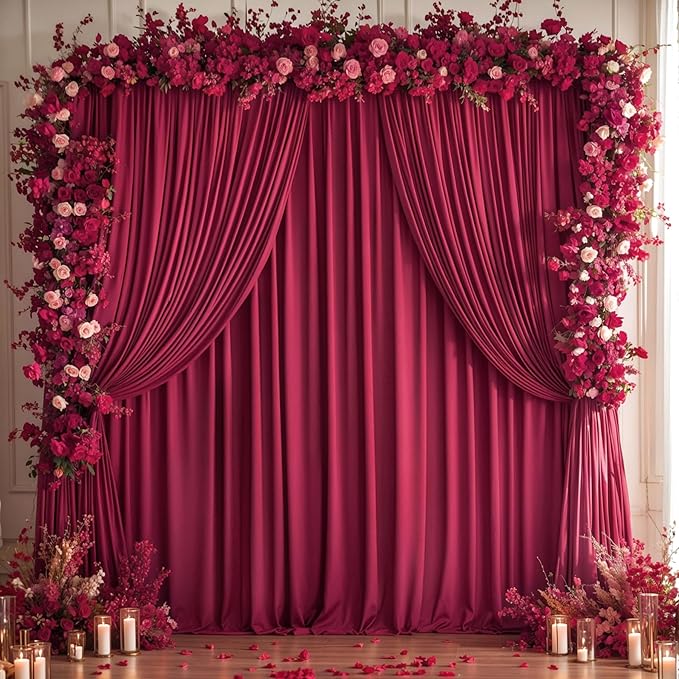 Burgundy Backdrop Curtains 4 Panels - Wrinkle-Free Polyester Photography Drapes for Baby Shower & Birthday Party - 16 X10FT