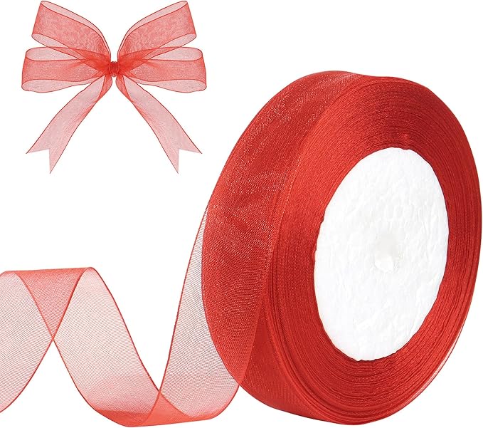 3/4 Inch x 50 Yards Sheer Organza Ribbon Chiffon Ribbon for Gift Wedding Flower Bouquet Wrapping Decorations Crafts (Red)