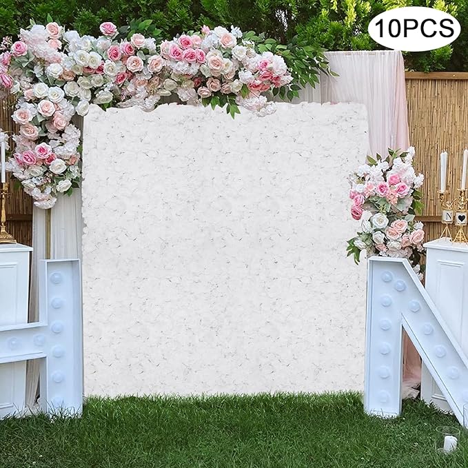 3D Flower Wall Panel, 10pcs White Artificial Floral Wall Backdrop, Realistic Silk Flower Backplanes, Roll Up Fake Flower Background for Valentines Wedding Party Photo Arrangement Outdoor Decor