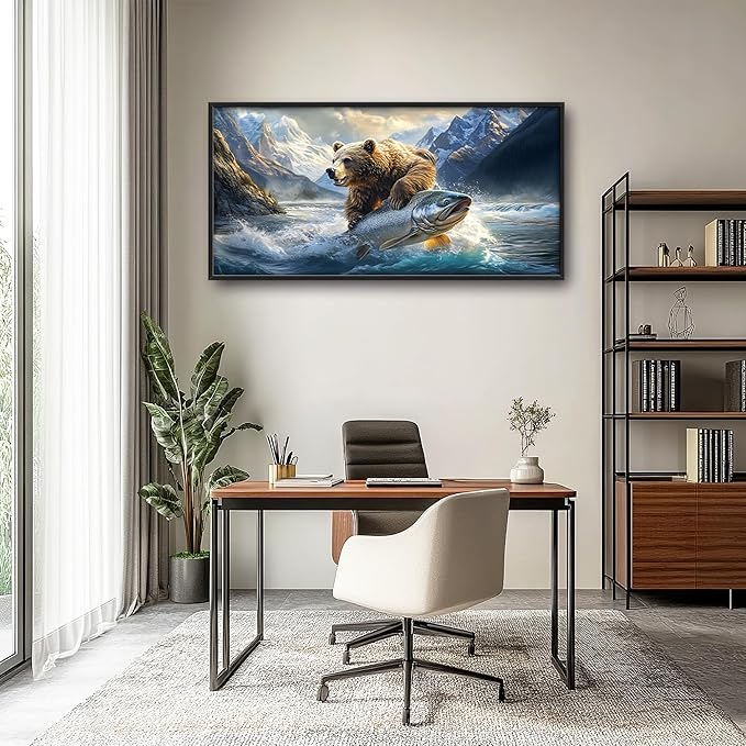 Bear Fish Large Decor Framed Wall Art Mountain Pictures for Living Room, Oversized Canvas Print Painting Modern Extra Large Framed Artwork for Bedroom Office Home Decor 60"x30"
