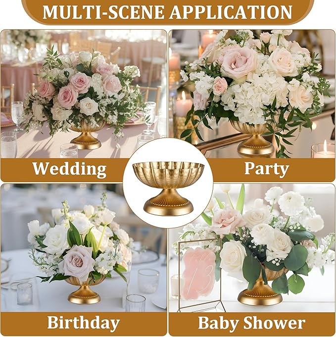 Compote Bowl Vases for Centerpieces Urn Vase, Metal Small Pedestal VaSe Gold Pot, Flower Arrangement for Wedding Anniversary Party Home Decor, 10 Pcs