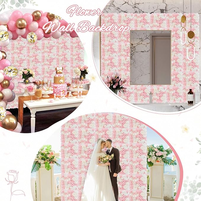 FOTSHARER Pink Flower Wall Backdrop 15''x15'' Floral Rose Wall Panels 12 Pack Artificial Flower Wall Wedding Flower Backdrop Wall 3D Flower Wall Panels for Backdrop Birthday Party Bridal Showers Decor
