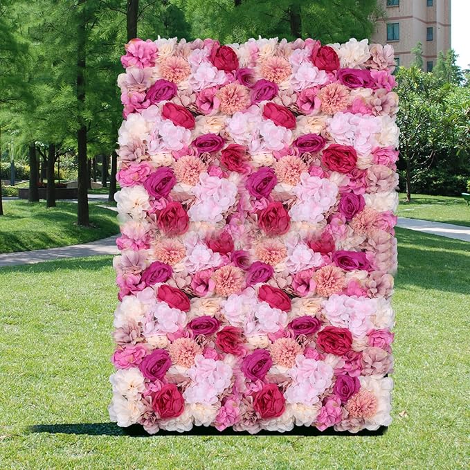 Flower Wall Backdrop, 6Pcs 23.6 X 15.7Inch Floral Wall Panel, Artificial Fuchsia Silk Rose Wall Decor Ideal for Wedding Celebrations, Festive Party Backdrops, Home Decor and Event Background Etc