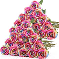 Hotop 40 Pcs Rose Artificial Flowers Bulk with Long Stem,Realistic Silk Fake Roses Bouquet for Home Wedding Centerpieces Party Table Decoration Valentines Gifts(Rainbow Color)