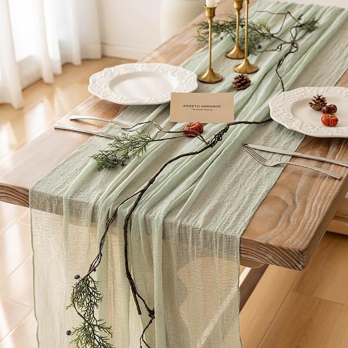 6pcs Sage Green Table Runner Cheesecloth 120 Inch 10 FT Rustic Boho Cheese Cloth Table Runner for Wedding Baby Shower Bridal Shower Sheer Gauze Centerpiece Home Decorations