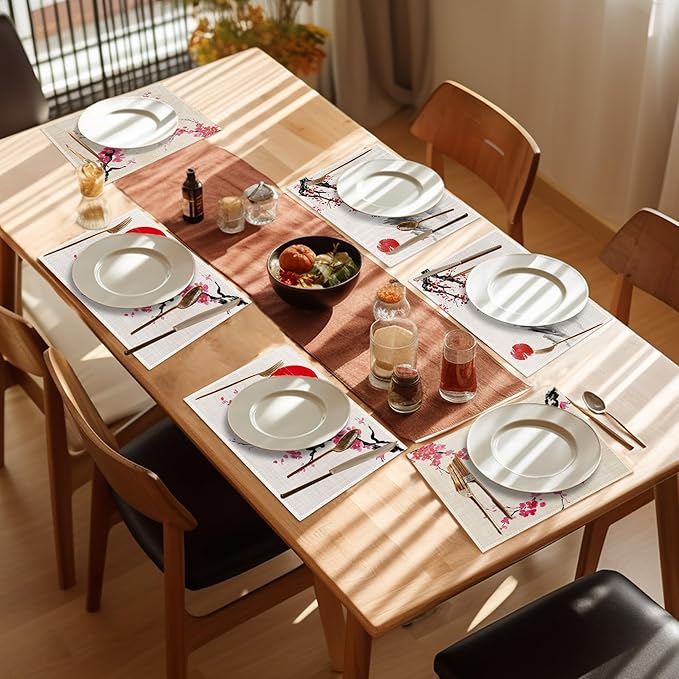Japanese Cherry Blossom Placemats Set of 6, Linen Table Mats, Woven Table Mats for Dining Room, Washable & Wrinkle Resistant, Farmhouse Kitchen Decor