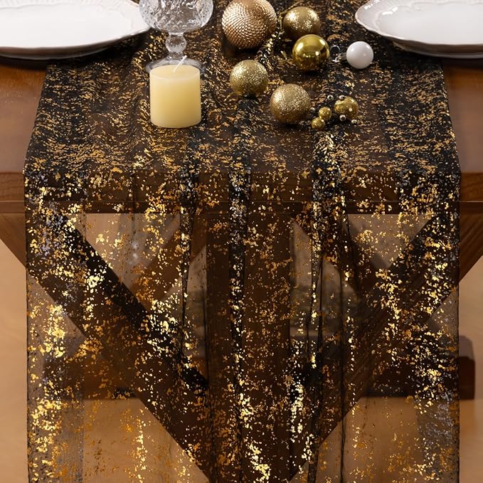 Socomi Gold Black Table Runner Christmas Gauze Sheer Chiffon Cheesecloth Sequin 10FT Glitter Metallic Foil Dining Wedding Birthday Party Fall Winter Anniversary Holiday Centerpiece Table Decor Black