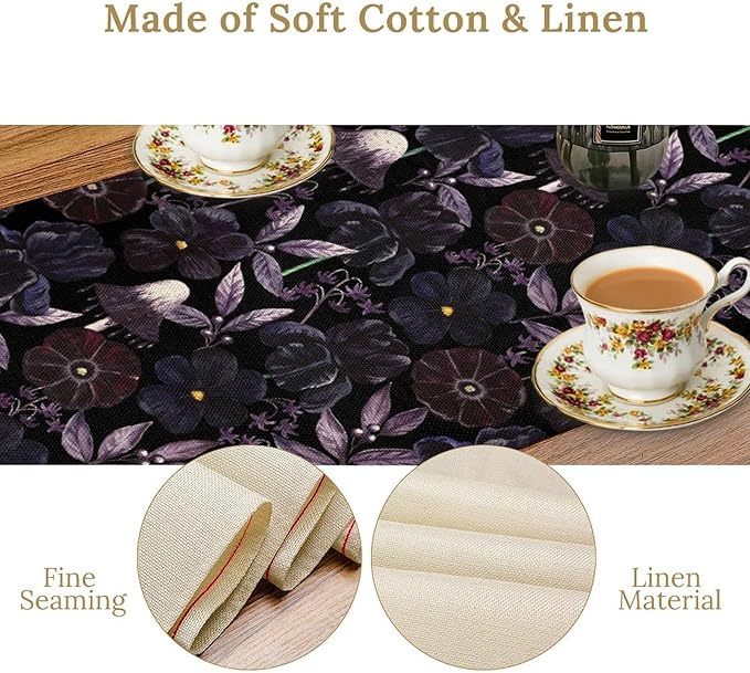 Gothic Floral Table Runner, Dark Purple Vintage Garden Flower Witchy Mushroom Farmhouse Coffee Table Center Decor for Home Kitchen Dining Patio Holiday Party Table Decorations 13x72 inches