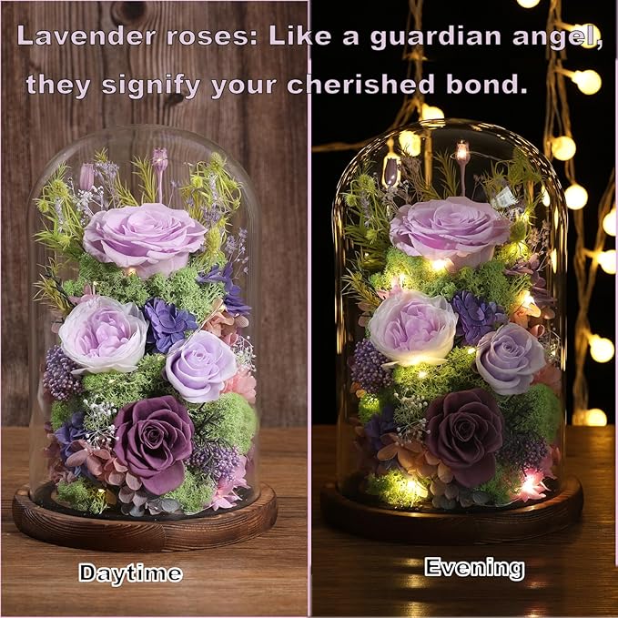 Flowers for Delivery Preserved Flowers Rose in Glass Dome,Lilac Rose Forever Flowers Birthday Gifts for Women Mom Grandma Friend Gifts for Her,Home Decor