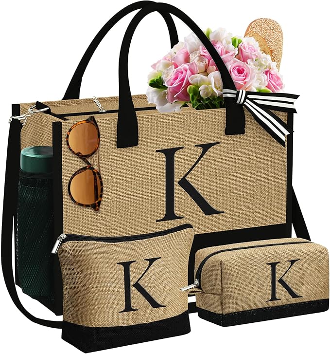 YOOLIFE Christmas Gifts for Women - Initial Jute Tote Bag & 2 Makeup Bags Personalized Gifts for Women Teacher Mom Friend