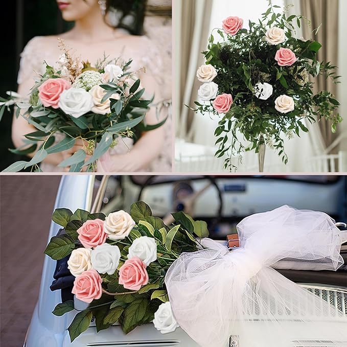 100PCS Artificial Flowers Champagne/Pink/White Roses Real Looking Foam Fake Roses with Leaves and for DIY Wedding Bouquets Bridal Shower Centerpieces Party Decorations