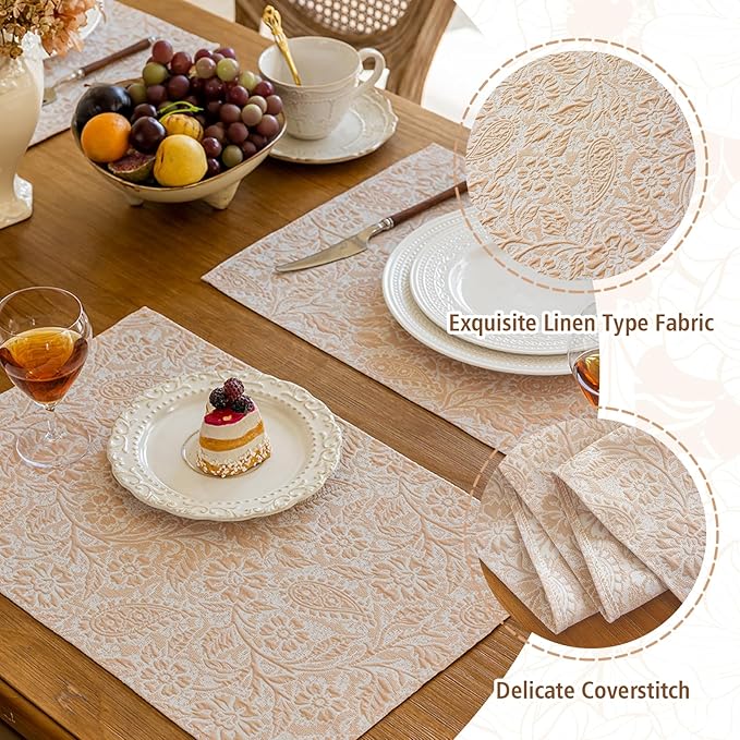 HEAVYWOOD Boho Placemats Set of 4 Cloth Floral Place Mats Paisley Botanical Table Mats for Kitchen Dinning Farmhouse Rustic Washable Tablemats 14x18 Inch (Oatmeal, 4)