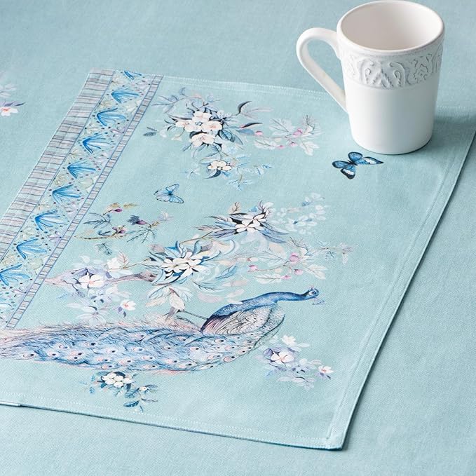 Maison d' Hermine Placemat 100% Combed Cotton Premium Set of 4 Decorative Washable Place Mats Table Cloth Placemat, Dining & Camping - Peacock Utopia - Pastel Turquoise(13"x19")