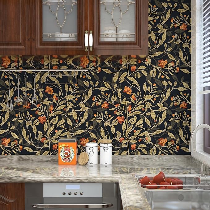 Dark Floral Wallpaper Peel Stick, Vintage Botanical Removable Contact Paper Stick on Cubicle Drawer Cabinet, Self-Adhesive Vinyl Leaf Fruit Wall Paper Black Yellow Gold Orange 17.5In x 9.8Ft