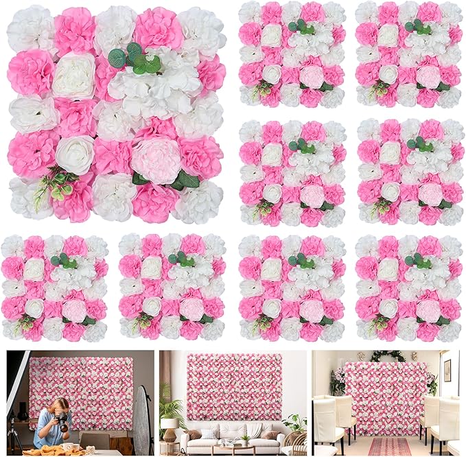 Flower Wall Backdrop 9pcs 16.5x16.5 Inch Flower Wall Decor Artificial Floral Wall Panel Ideal for Wedding Celebrations, Festive Party Birthday Backdrops and Elegant Home Decor